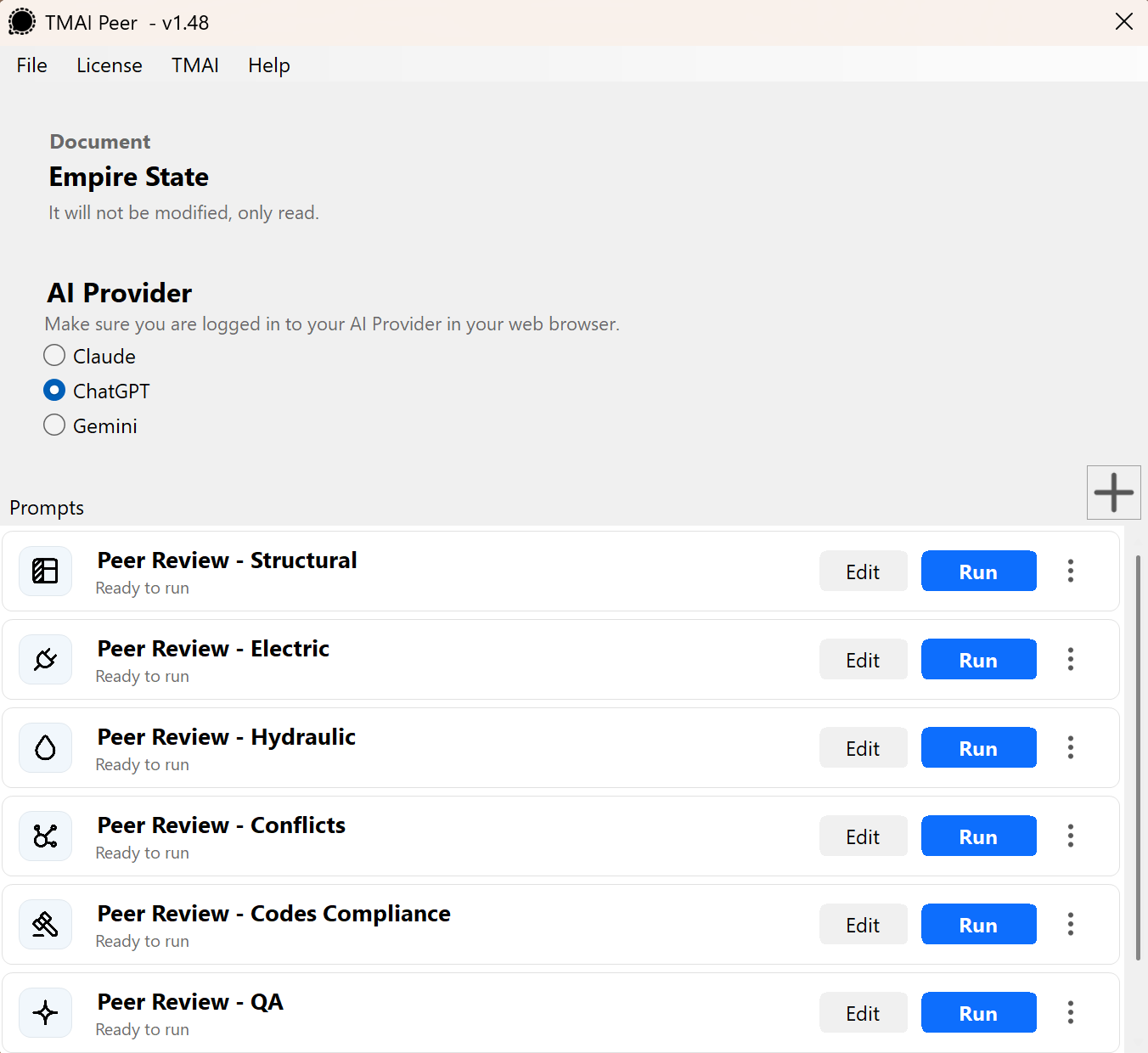 TMAI Peer main window with AI provider options and a list of prompts, each with Edit and Run buttons.